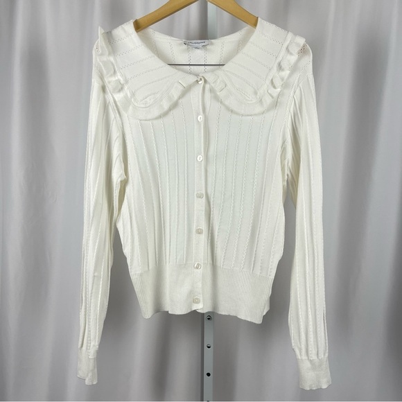 Calligraphie Medium Elegant Ribbed Retro White Knit Cardigan Platter Collar - Picture 1 of 8